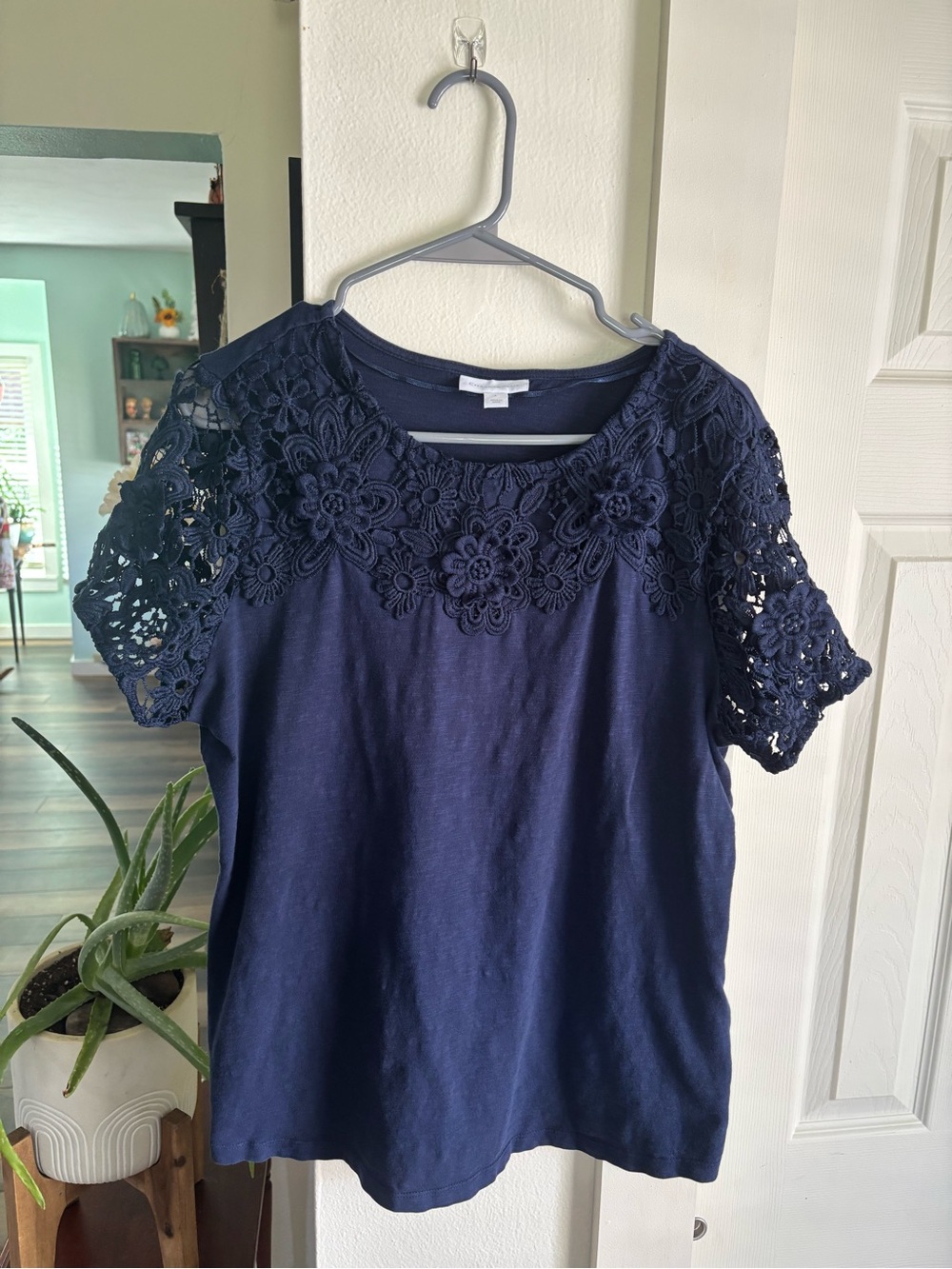 Charter Club Navy Floral Lace Yoke Short Sleeve Tee